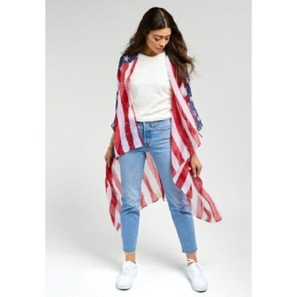 Claires Womens Patriotic Free To Be You & Me Kimono 4th July Red White Blue OS - Picture 1 of 2